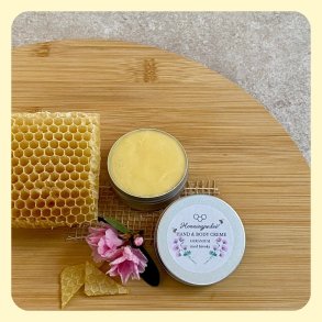 Bivokscreme med geranium i metald�se &ndash; naturlig pleje til t�rre h�nder.